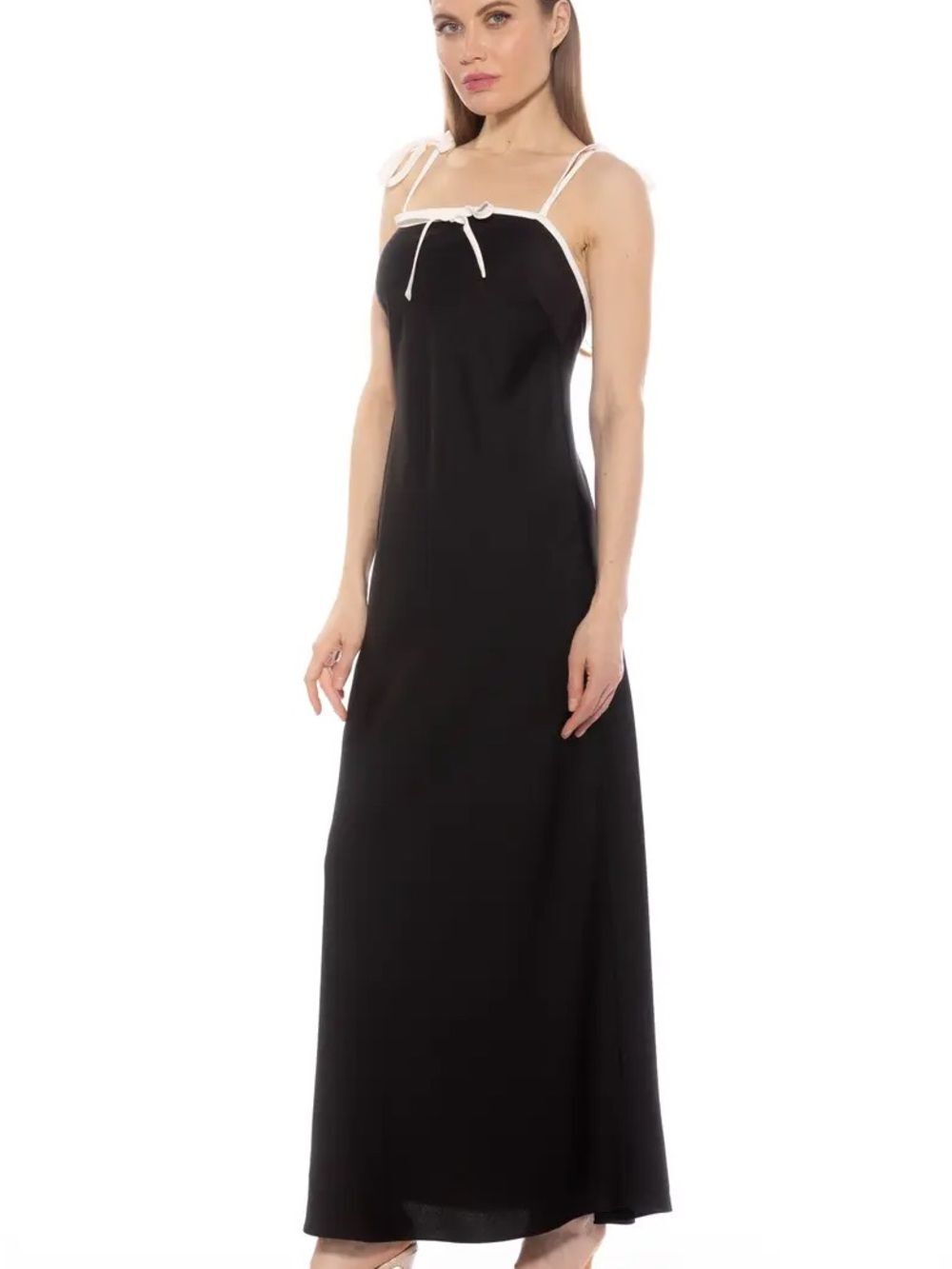 ALEXIA ADMOR Black White Solid Square Neck Backless Satin Maxi Zip Dress Size 4